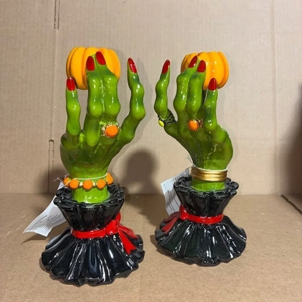 Set of 2 Green Witch Hand Pumpkin Candlestick Holders NWT